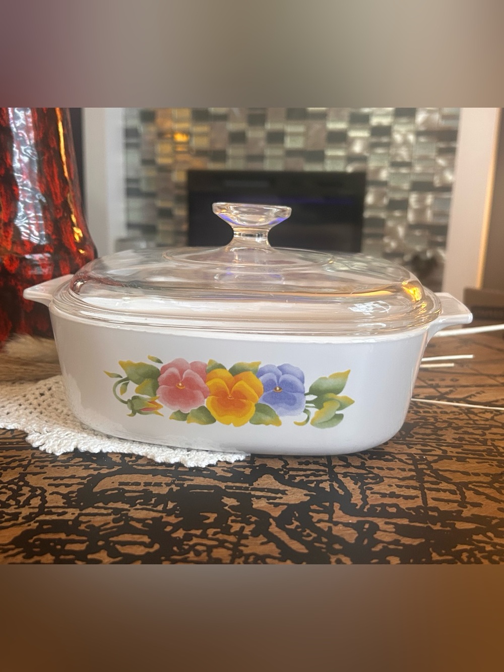 Vintage CorningWare Summer Blush Casserole – Pansy Floral Baking Dish (2 Quart)